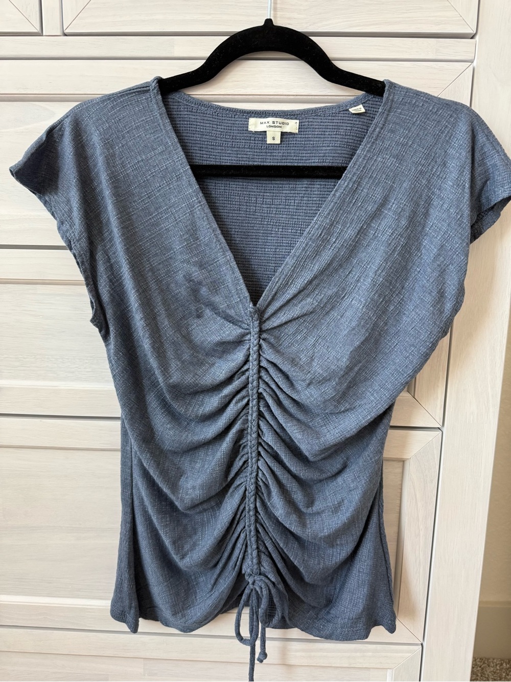 Max Studio Blue Gray Ruched V-Neck Crop Top Size S